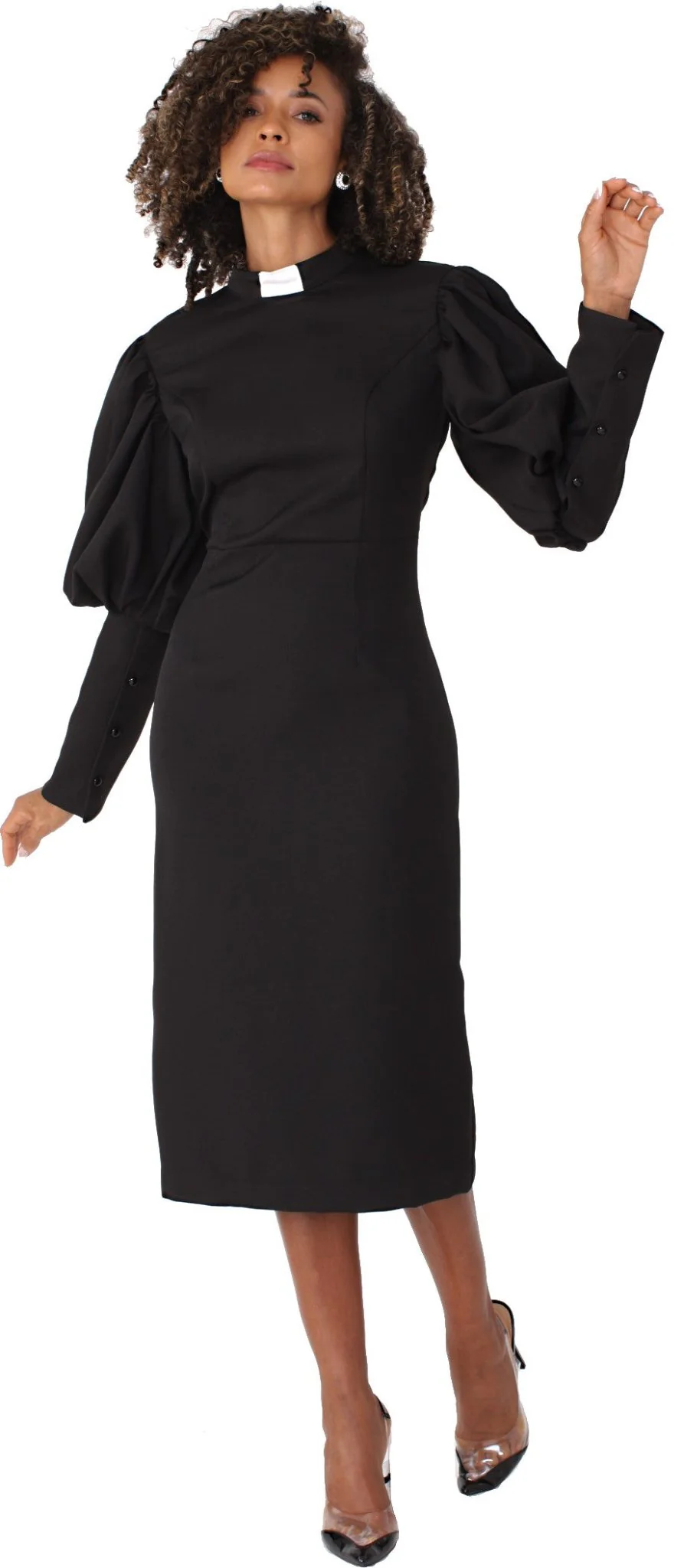 Plus Size Women's Clergy Dress with Puff Sleeves and Classic Collar- 4813W - Image 7