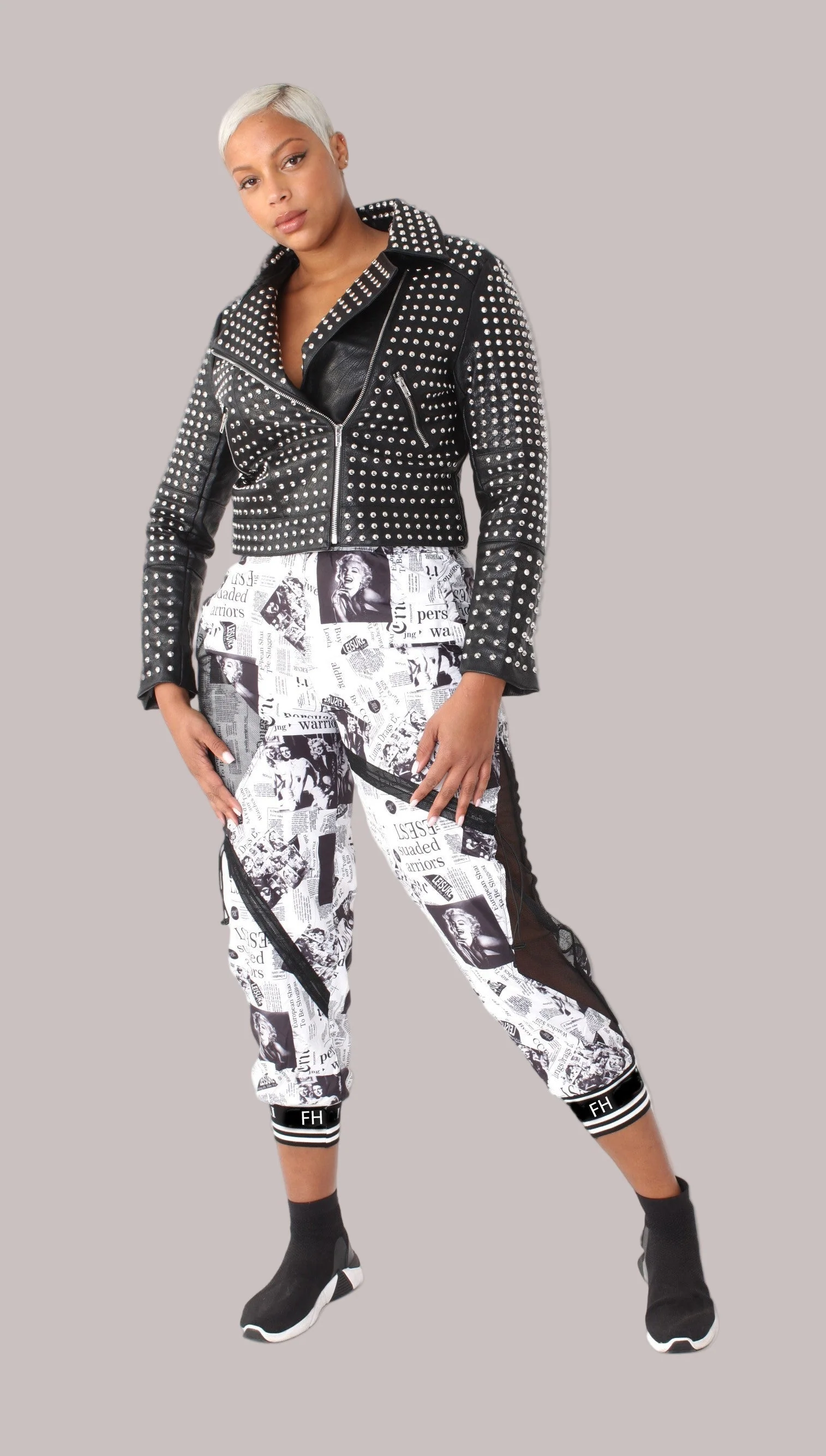 Printed Mesh Patchwork Joggers -81856 - Image 5