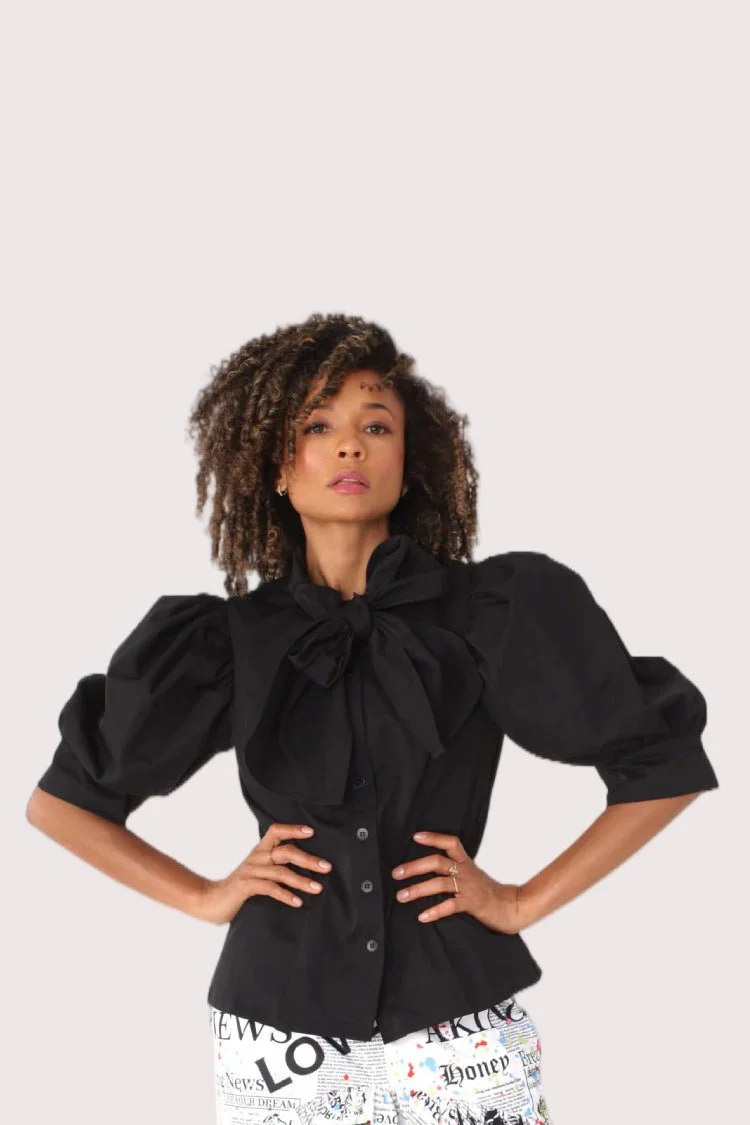 Puff Sleeve Tie Neck Blouse -81838
