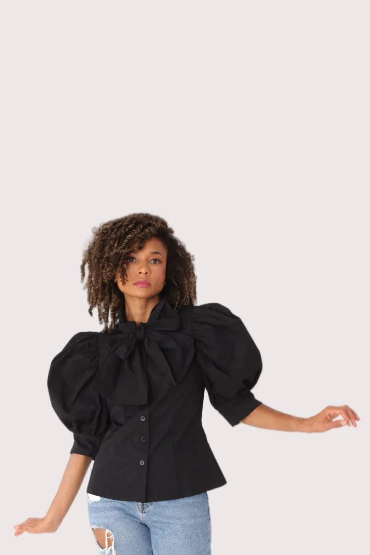 Puff Sleeve Tie Neck Blouse -81838 - Image 2