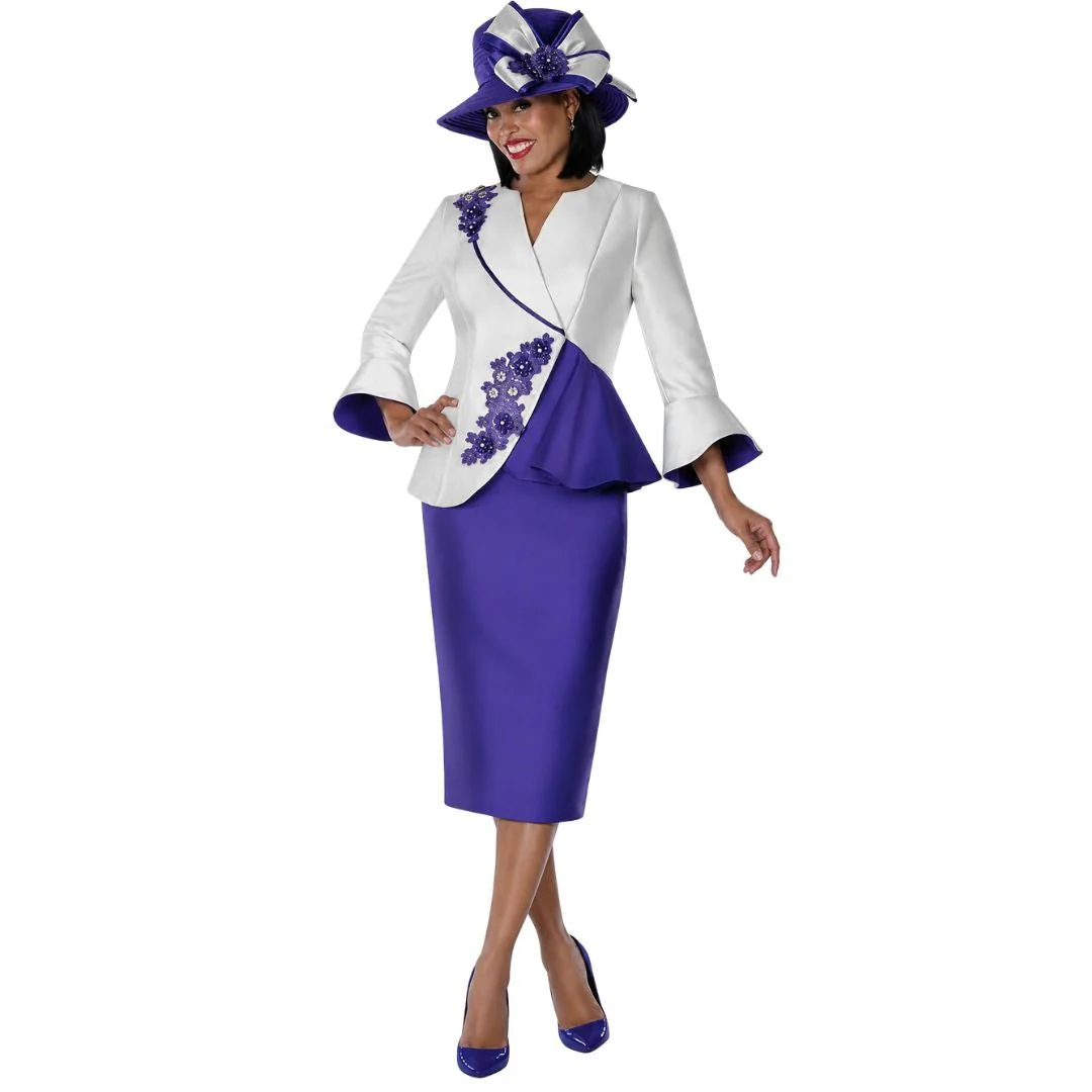 Purple & Ivory Floral Applique Peplum Church Suit