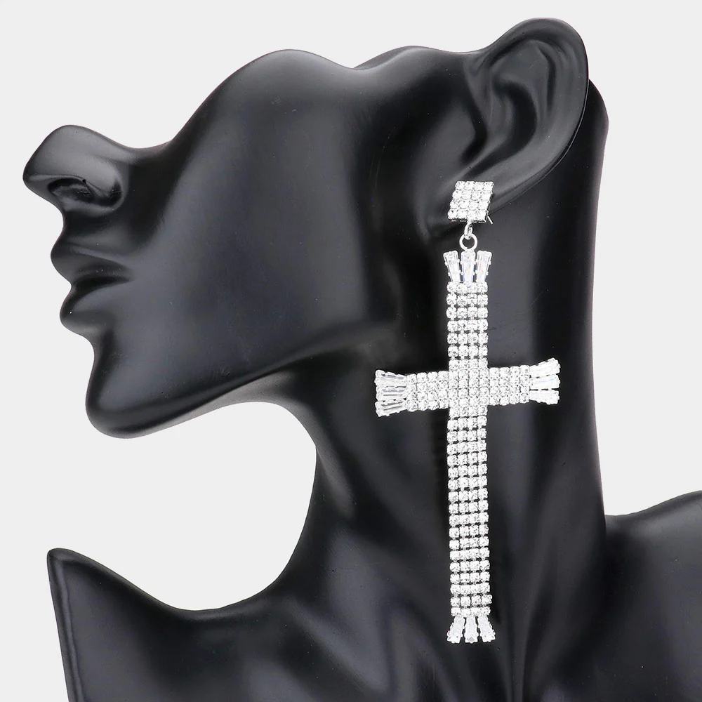 Rhinestone Cross Dangle Evening Earring