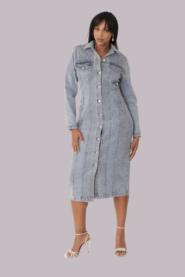 Rhinestone Denim Midi Dress - 82388 - Image 2