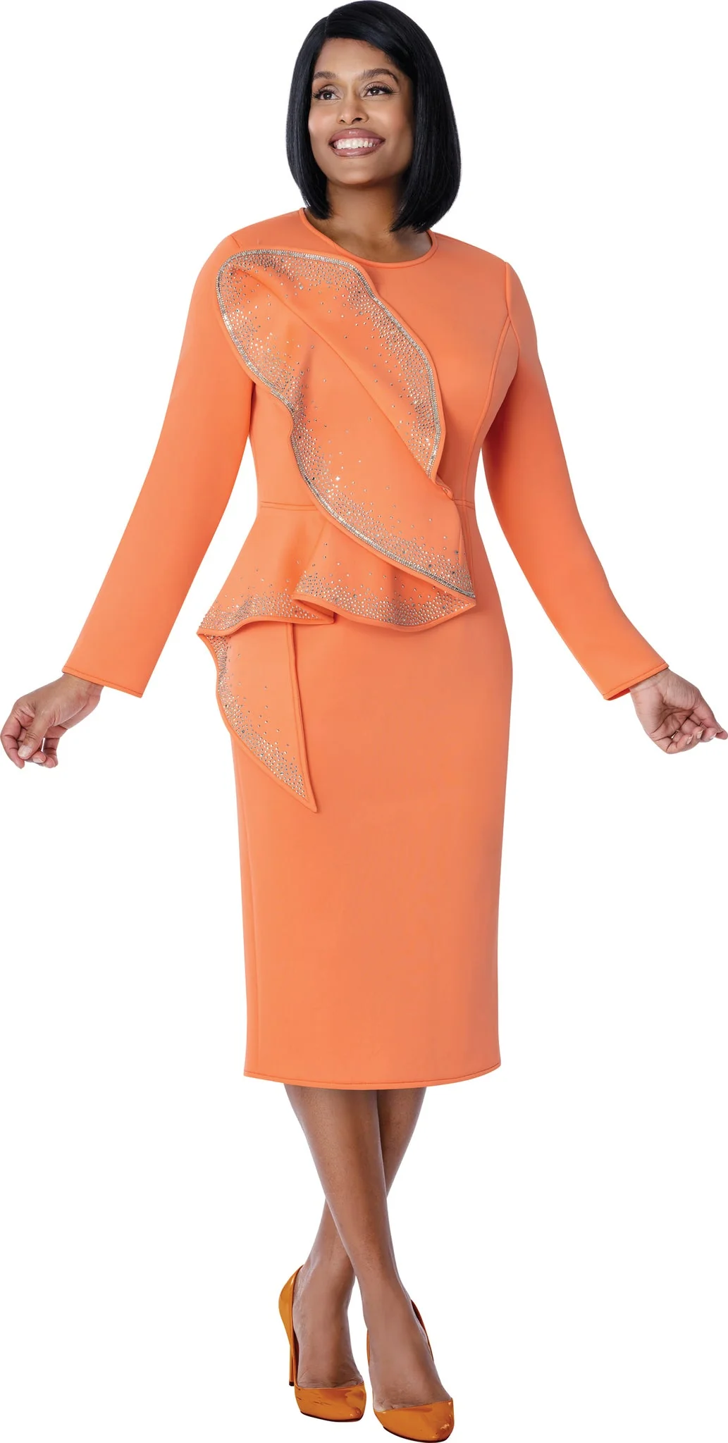 Rhinestone Embellished Asymmetrical Ruffle Sheath Dress in Sunset Orange SL600831