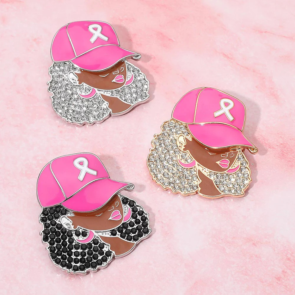 Rhinestone Paved Cool Afro Woman in Awareness Pink Ribbon Cap Pin Brooch - Image 2