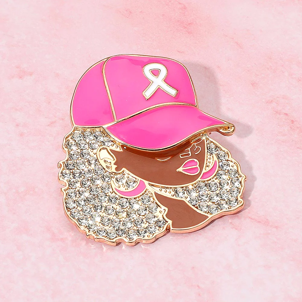 Rhinestone Paved Cool Afro Woman in Awareness Pink Ribbon Cap Pin Brooch - Image 3