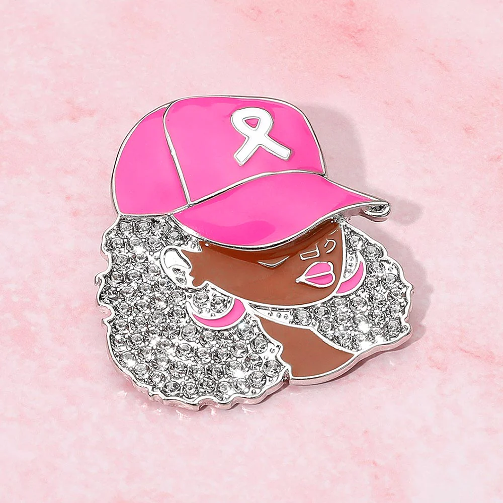 Rhinestone Paved Cool Afro Woman in Awareness Pink Ribbon Cap Pin Brooch - Image 4