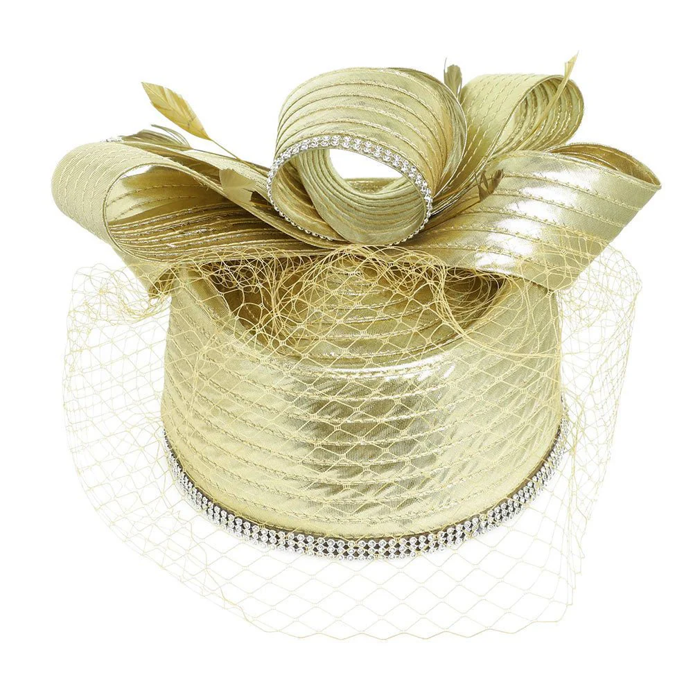 Rhinestone Rim Bow Top Feather Accented Mesh Dressy Hat - Image 3
