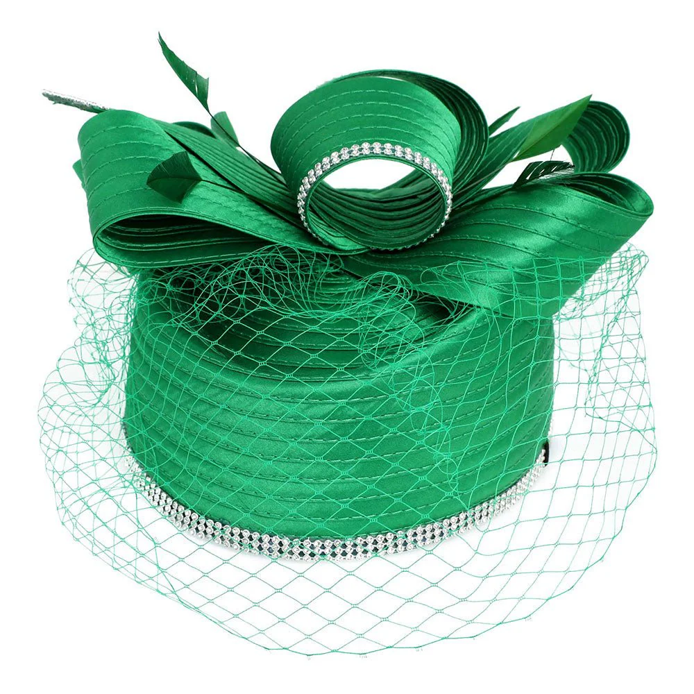 Rhinestone Rim Bow Top Feather Accented Mesh Dressy Hat - Image 4