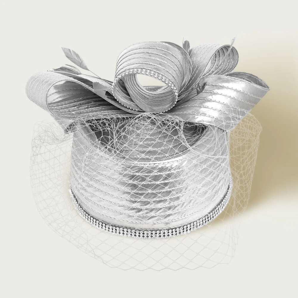 Rhinestone Rim Bow Top Feather Accented Mesh Dressy Hat - Image 5