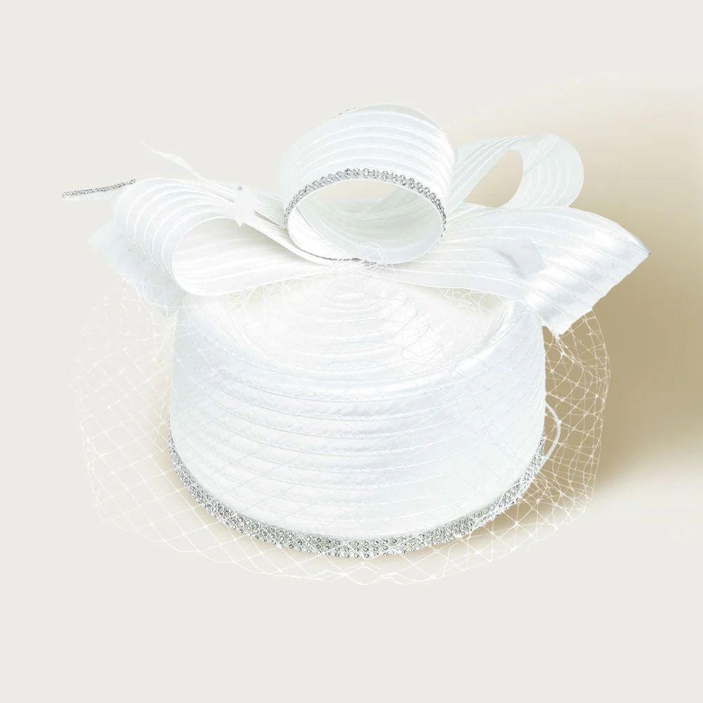 Rhinestone Rim Bow Top Feather Accented Mesh Dressy Hat - Image 6