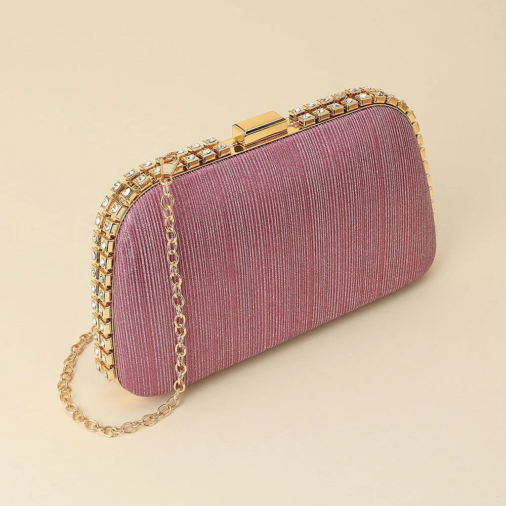 Rhinestone Trim Around Sparkle Crossbody Evening Clutch Bag - Image 3