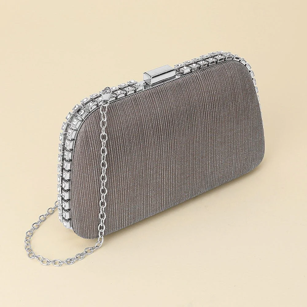 Rhinestone Trim Around Sparkle Crossbody Evening Clutch Bag - Image 5
