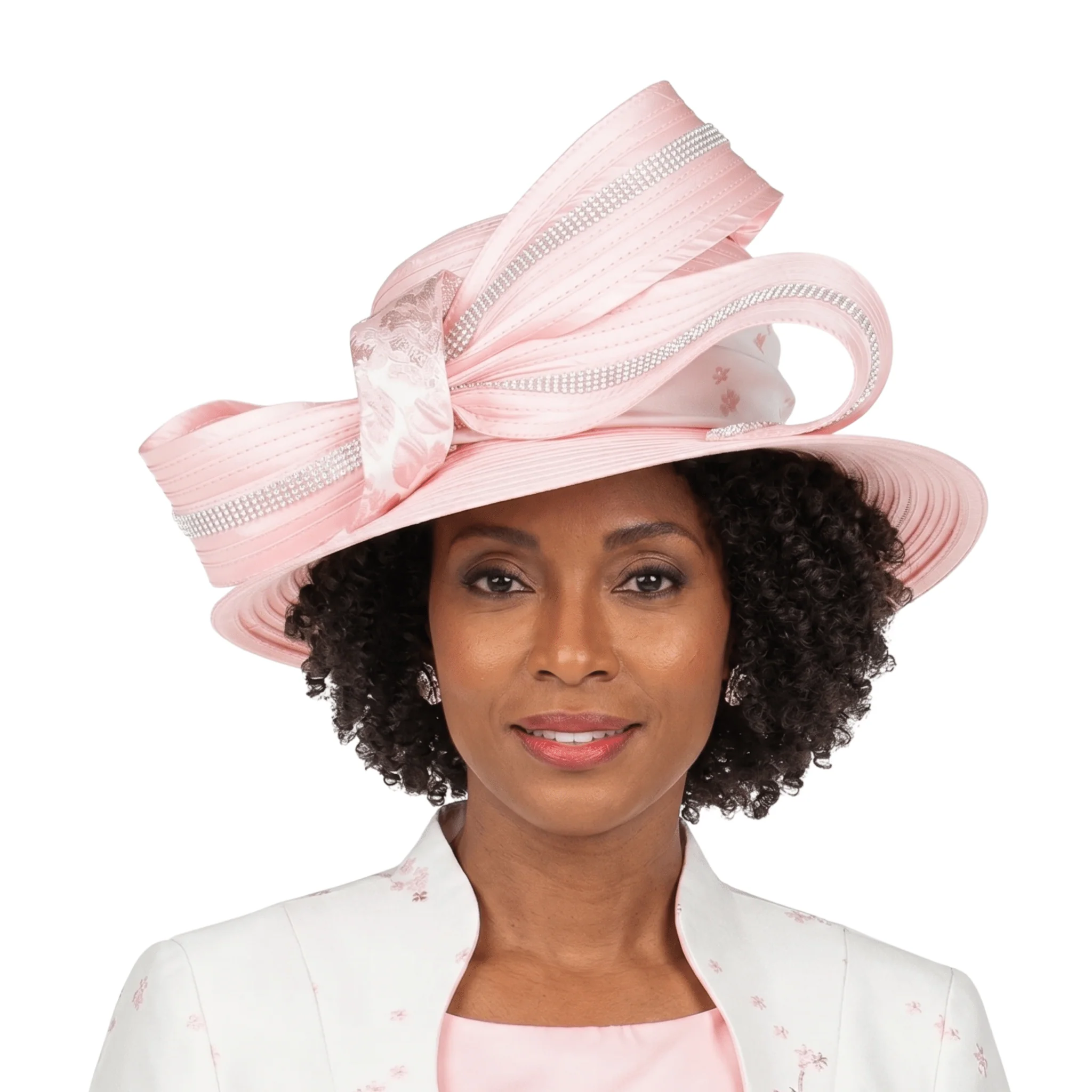 Rhinestone-Trim Ribbon Loop Wide Brim Occasion Hat