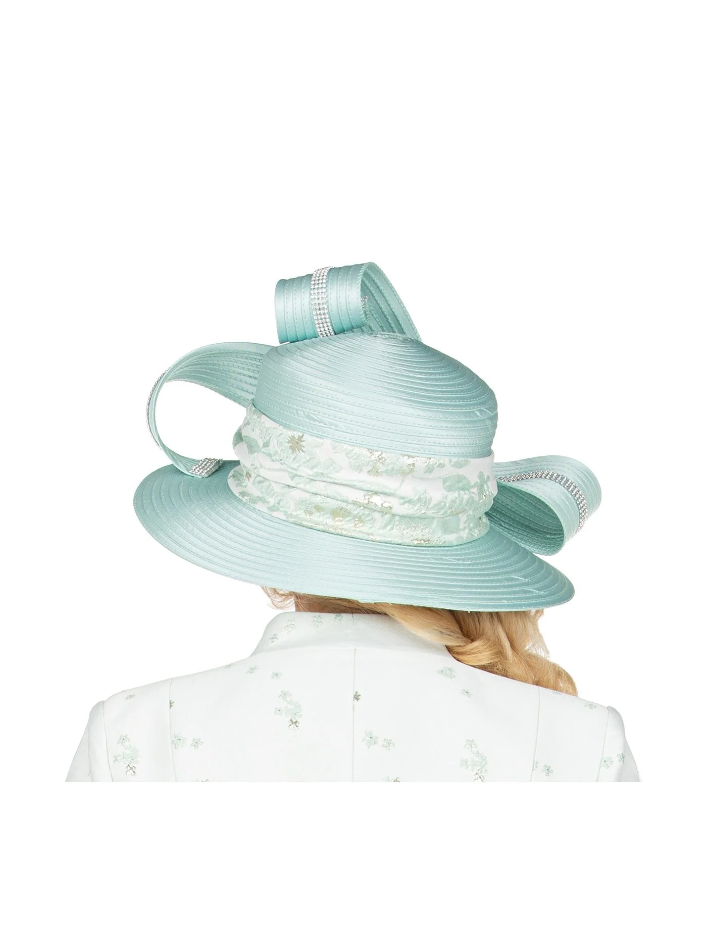 Rhinestone-Trim Ribbon Loop Wide Brim Occasion Hat - Image 3