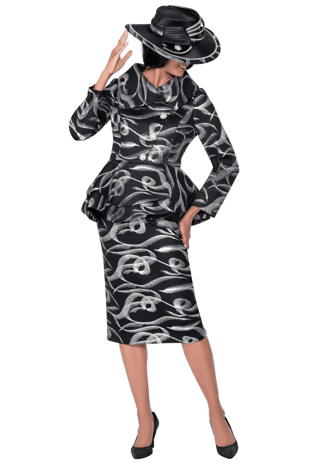 Ribbon Print Skirt Suit with Peplum, Wide Collar and Rhinestone Buttons G400632