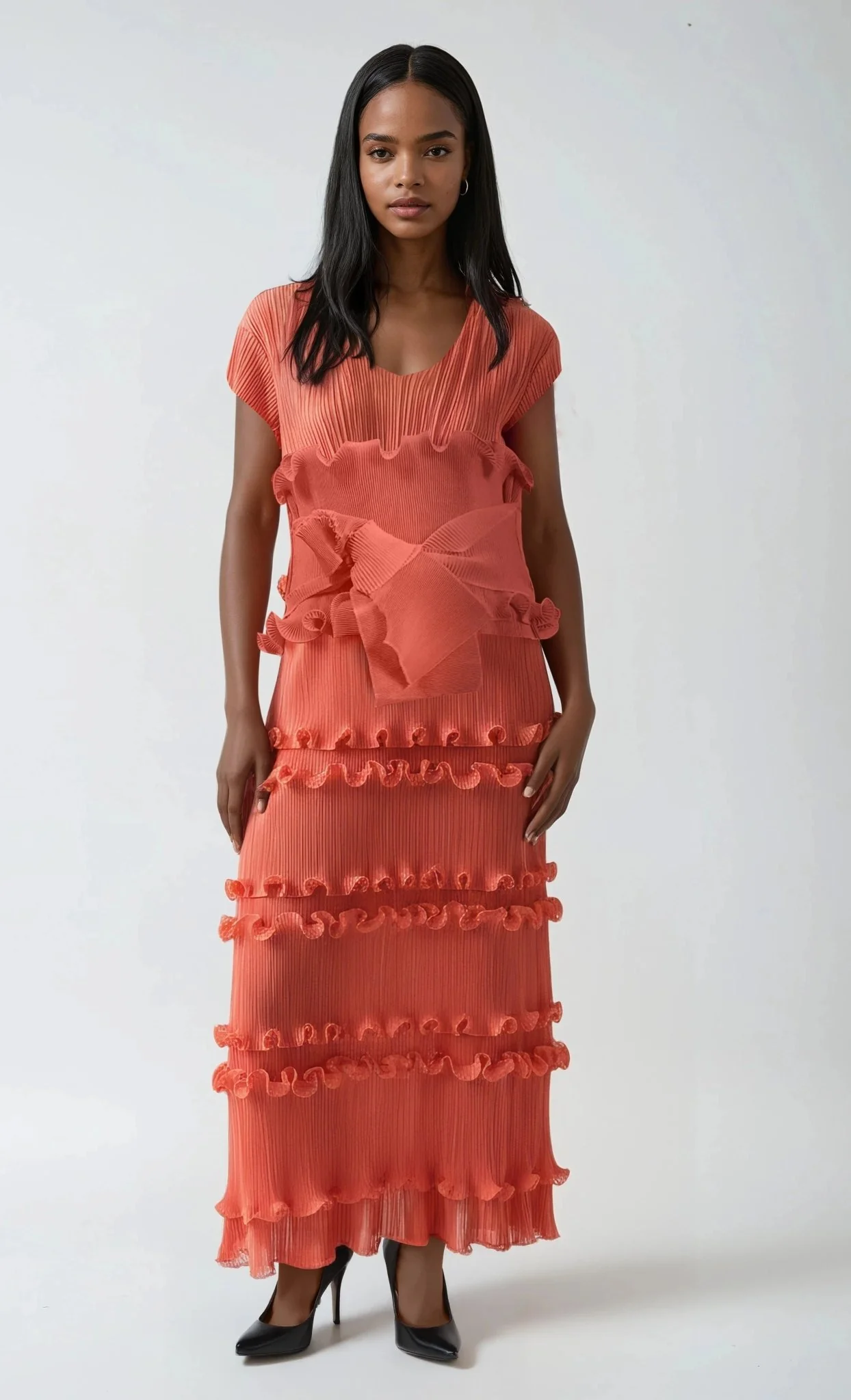 Ruffled Pleated Maxi Dress with Waist Tie - 82948