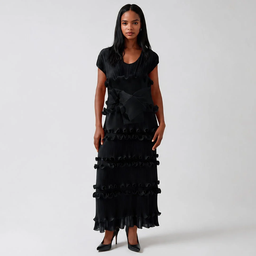 Ruffled Pleated Maxi Dress with Waist Tie - 82948 - Image 3