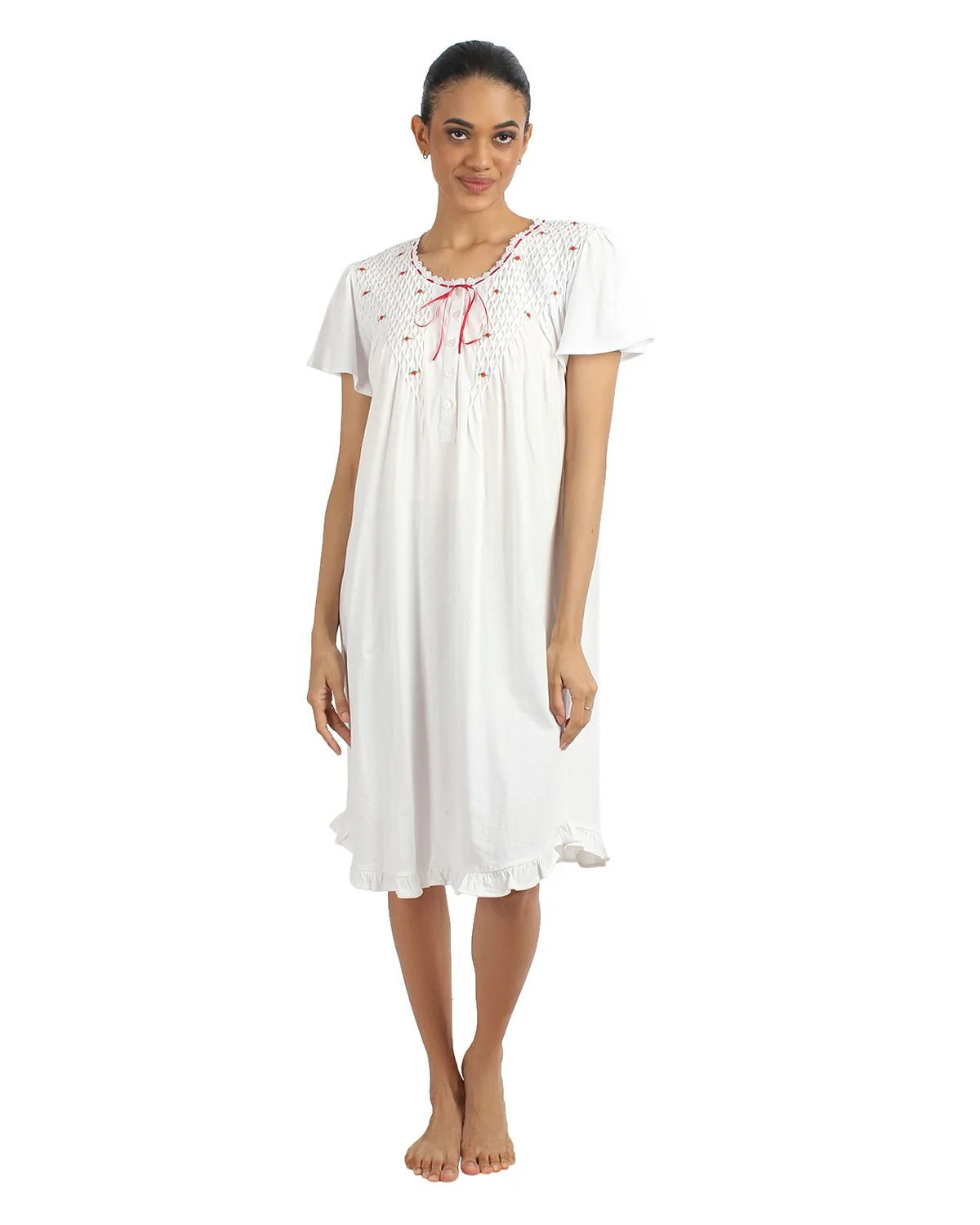 Ribbons and Rosebuds Embroidered Cotton Nightgown by Sante