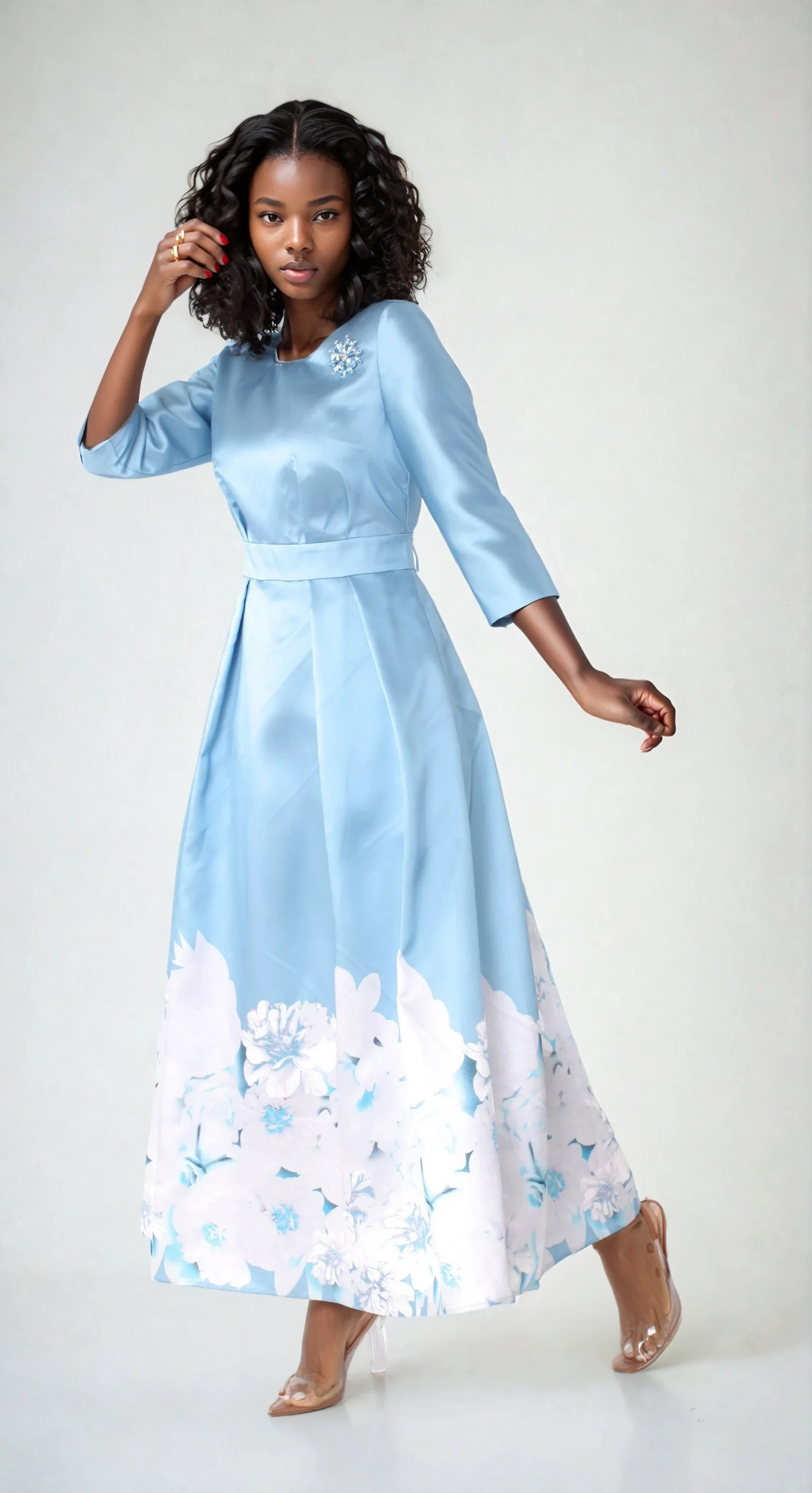 Satin Dress with Rhinestone Brooch -4497 - Image 10