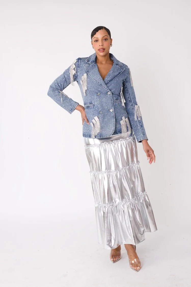 Silver Metallic Tiered Maxi Skirt -82477 - Image 2