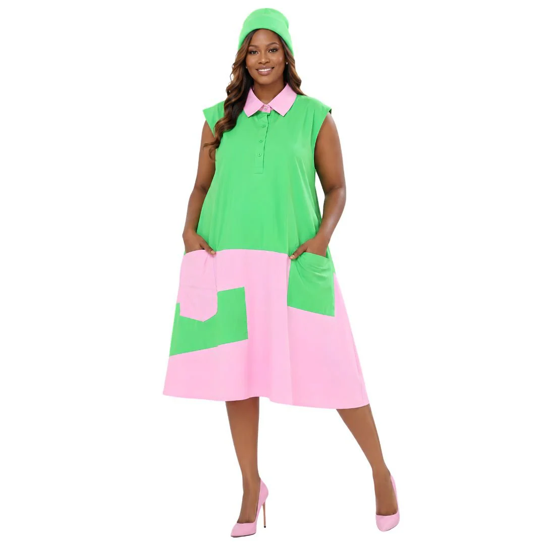 Sleeveless Color Block Green/Pink Short Dress