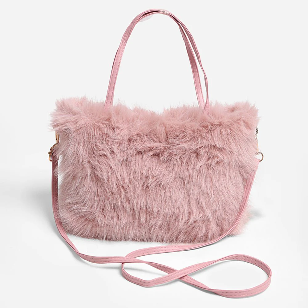 Solid Faux Fur Mini Handbag Crossbody Bag - Image 3