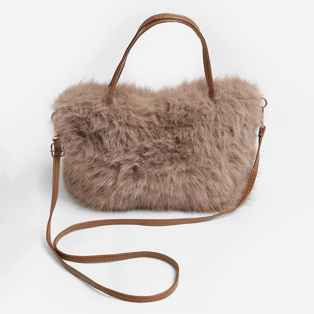 Solid Faux Fur Mini Handbag Crossbody Bag - Image 4