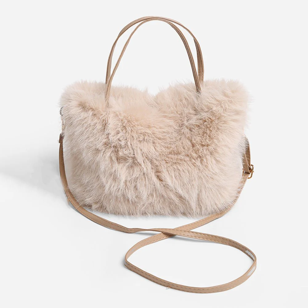Solid Faux Fur Mini Handbag Crossbody Bag - Image 5