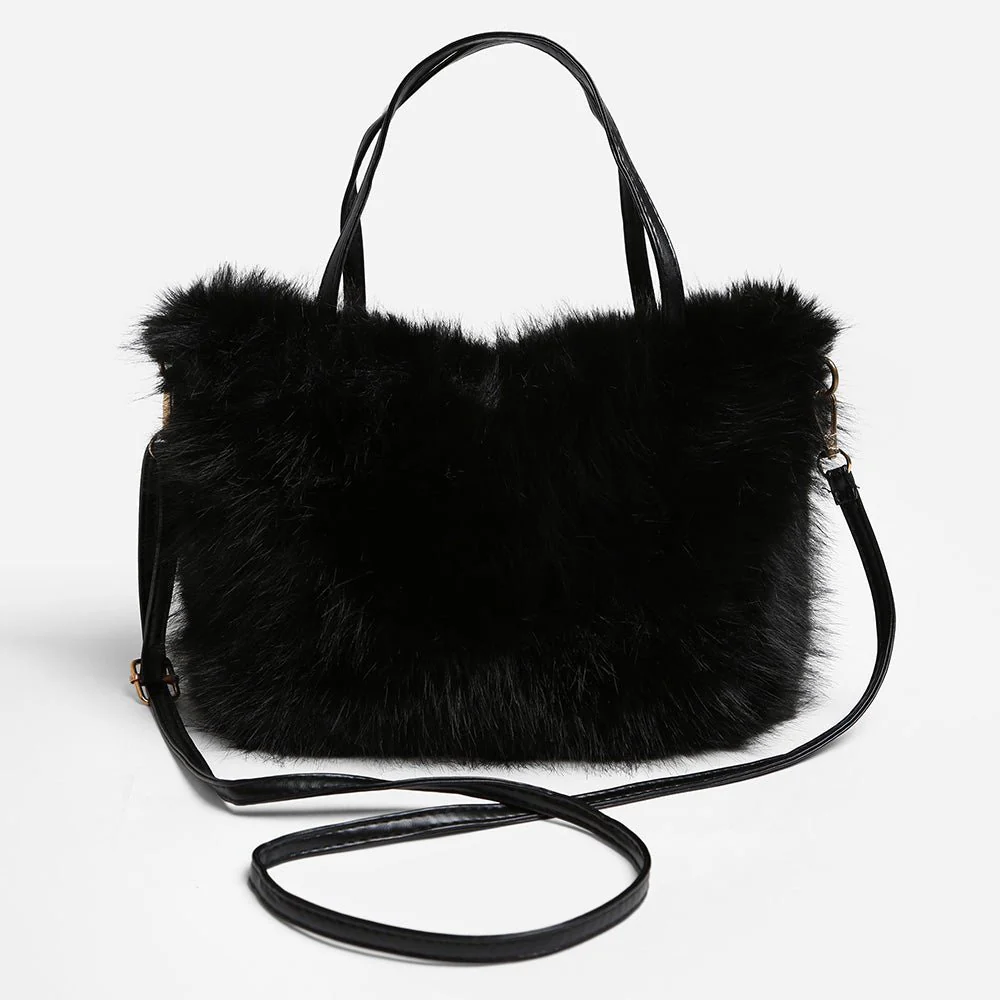 Solid Faux Fur Mini Handbag Crossbody Bag - Image 6