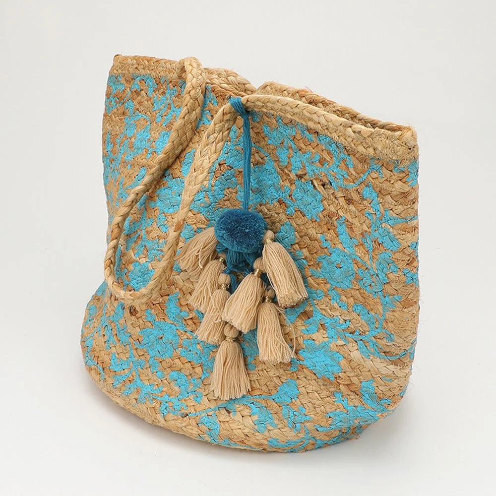 Splash Print Pom Multi Tassel Woven Straw Tote Bag - Image 2