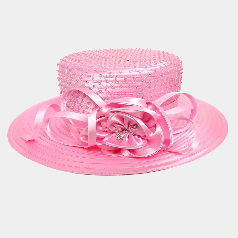 Stone Embellished Flower Bow Accented Dressy Hat - Image 3
