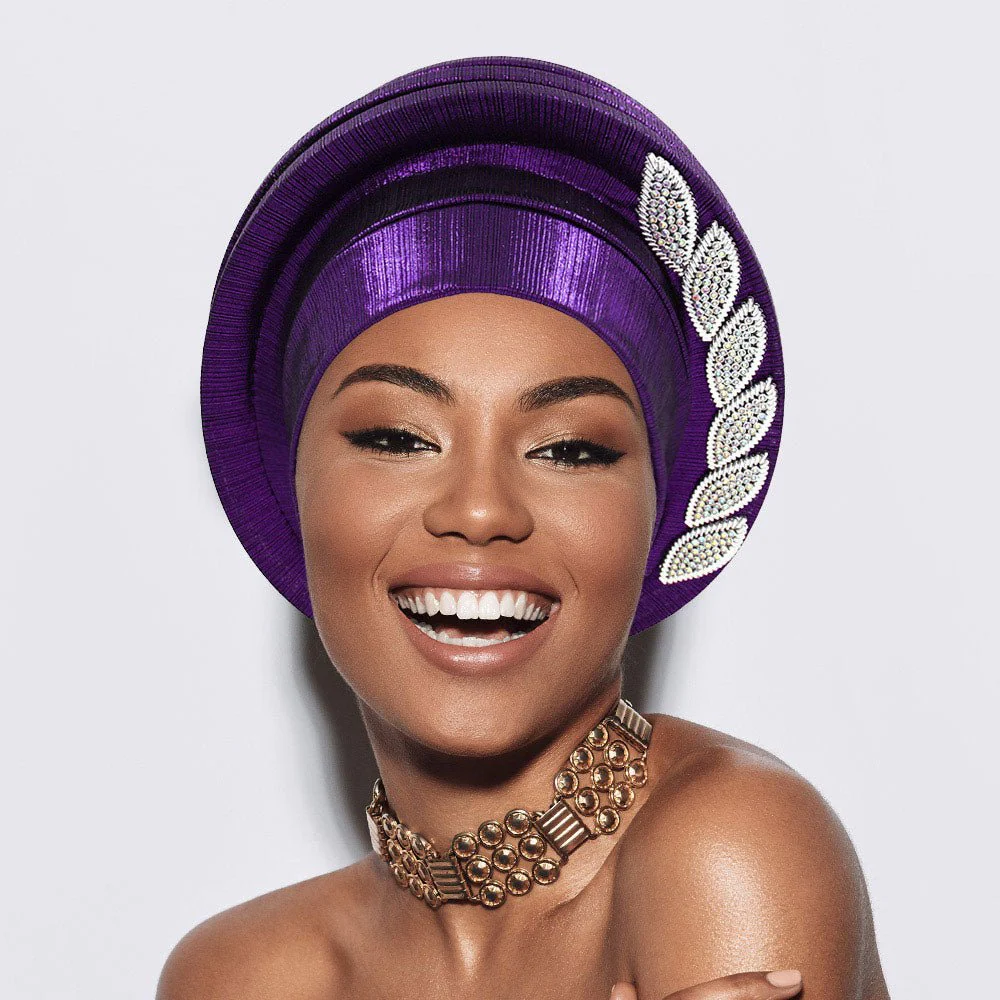 Stone Paved Marquise Leaf Accent Layered Turban Hair Wrap - Image 3