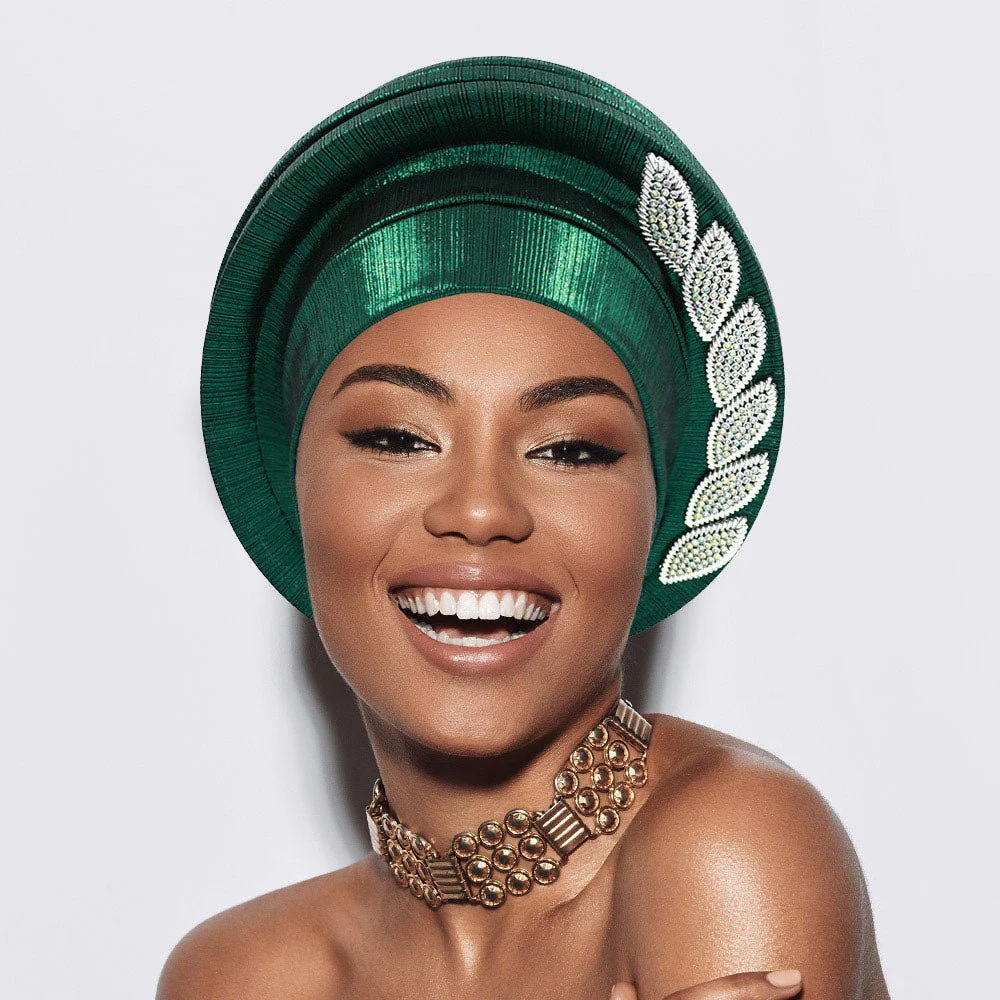 Stone Paved Marquise Leaf Accent Layered Turban Hair Wrap - Image 4