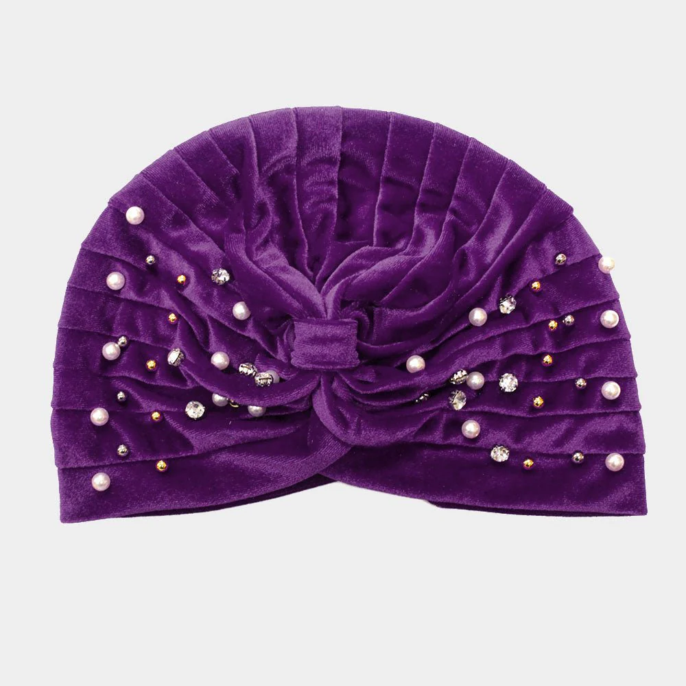 Stone Pearl Detailed Pleated Turban Beanie Hat - Image 3