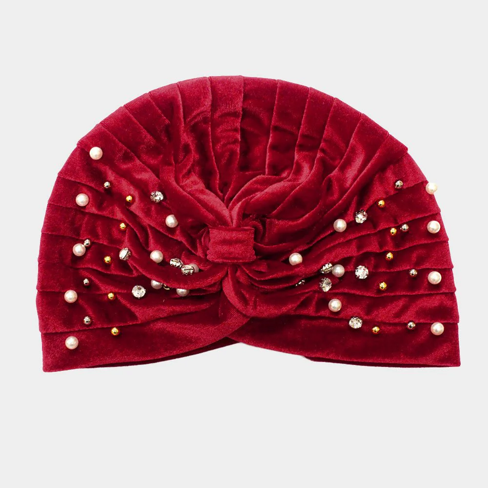 Stone Pearl Detailed Pleated Turban Beanie Hat - Image 4