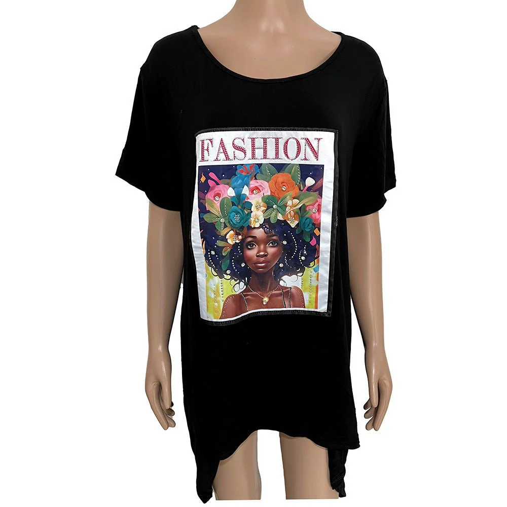Stone Studded Fashion Message Afro Woman Printed Half Sleeve Top - Image 2