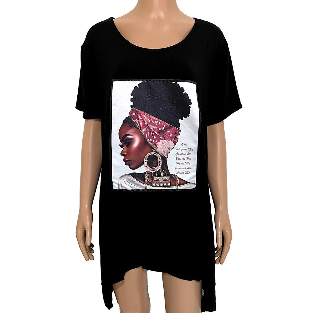 Stone Studded GOD Religious Message Afro Woman Printed Half Sleeve Top - Image 2