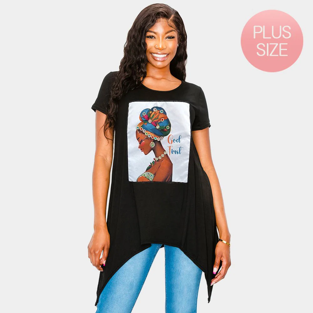 Stone Studded GOD TRUST Message Afro Woman Printed Half Sleeve Top