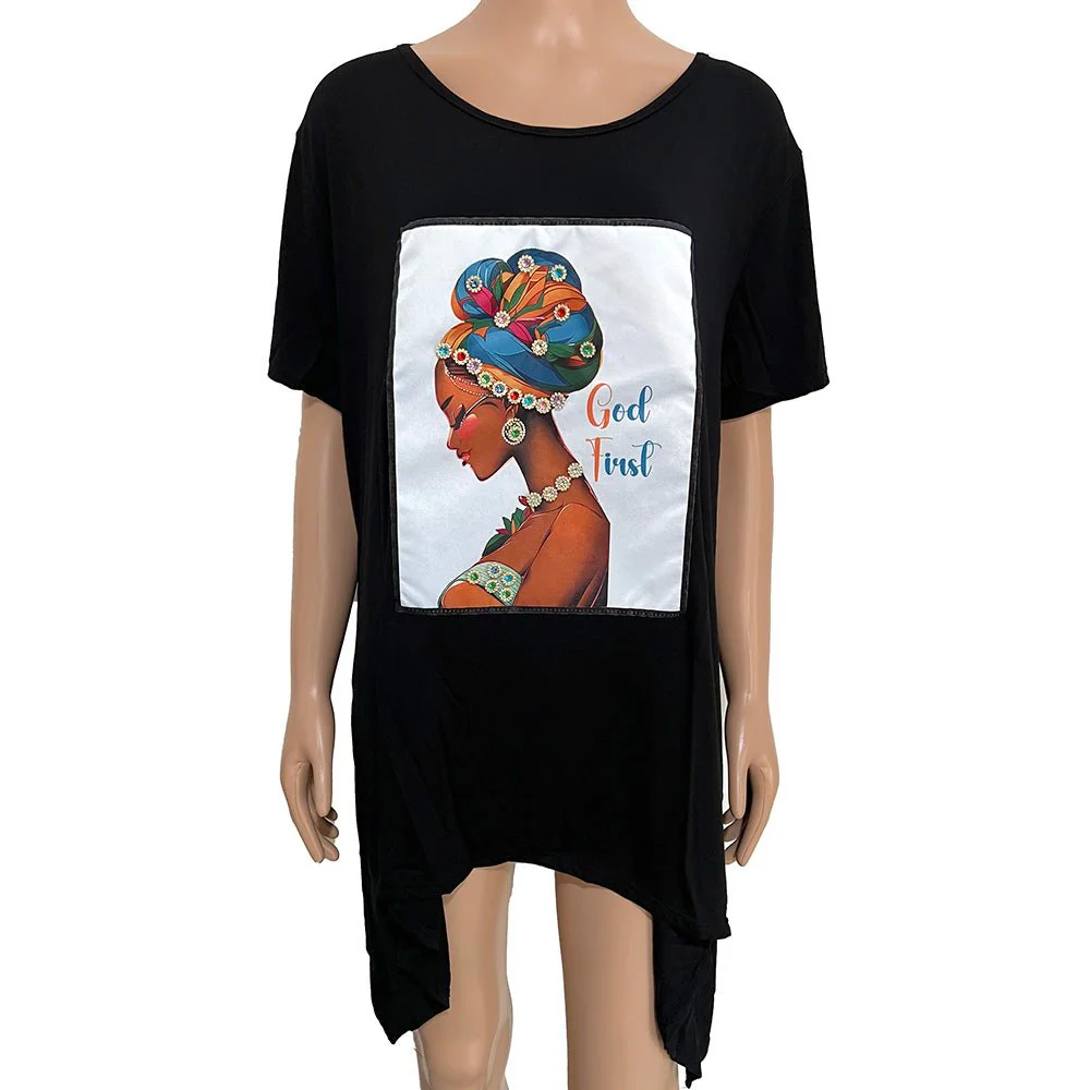 Stone Studded GOD TRUST Message Afro Woman Printed Half Sleeve Top - Image 2