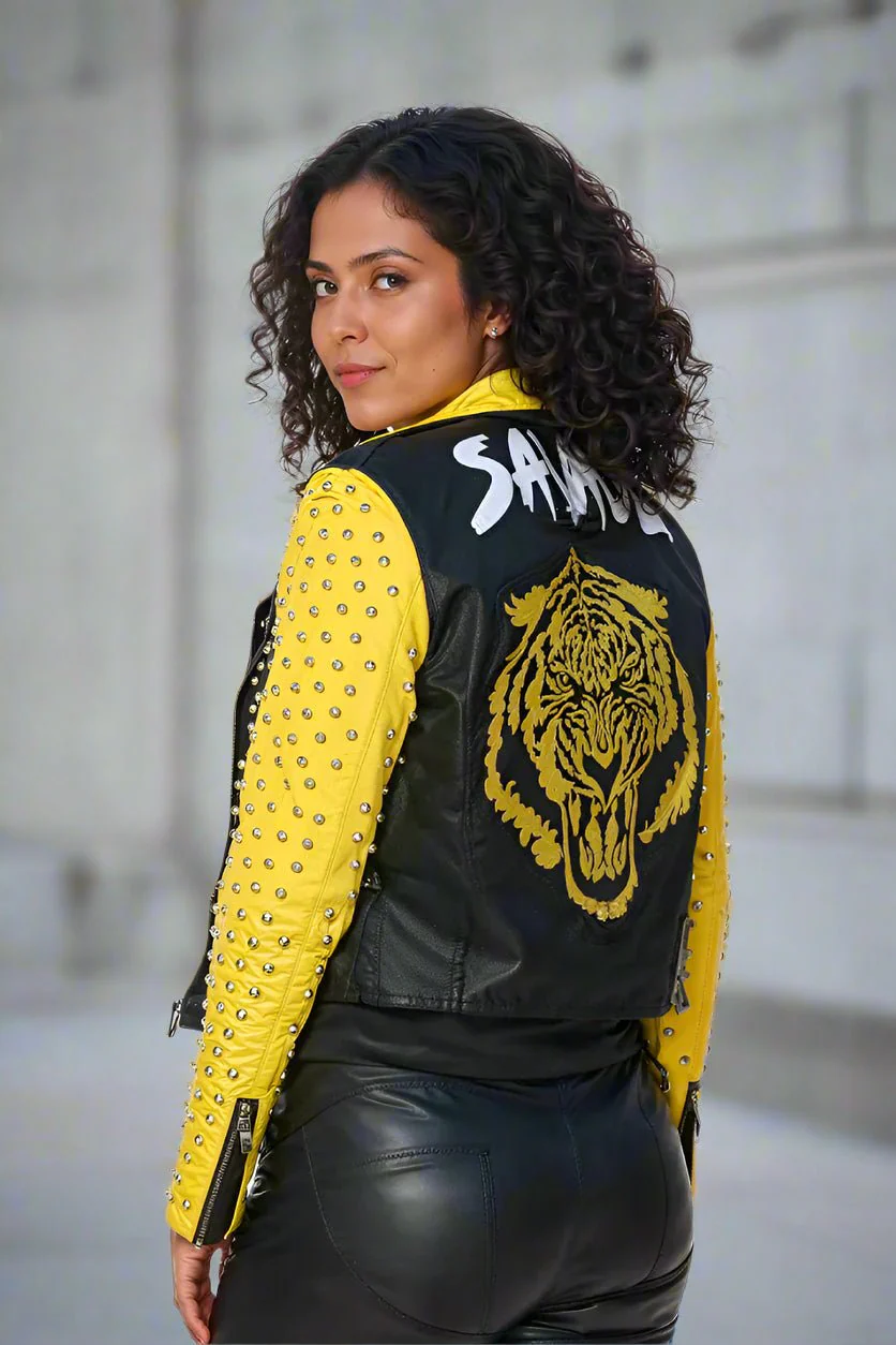 Studded Faux Leather Moto Jacket with Embroidered Tiger Back -81751 - Image 3
