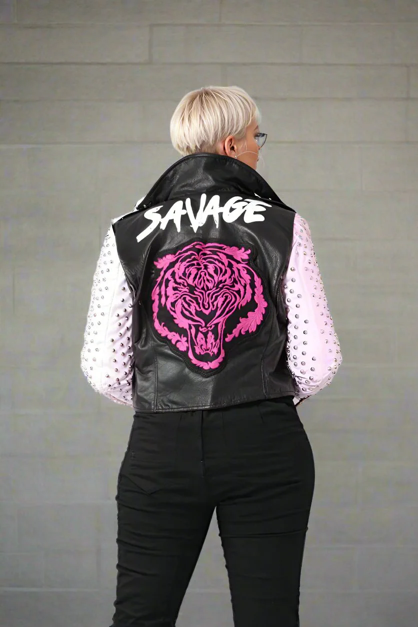 Studded Faux Leather Moto Jacket with Embroidered Tiger Back -81751 - Image 4