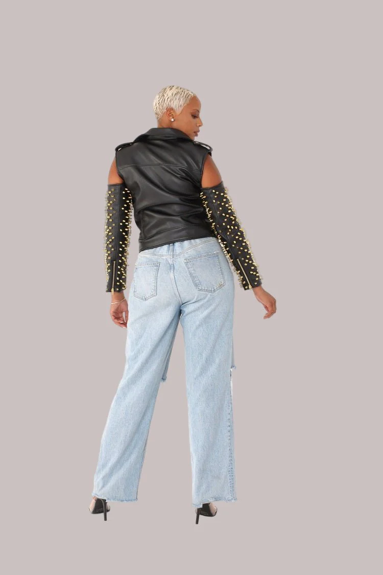 Studded Pleather Moto Jacket with Open Shoulders- 81936 - Image 4