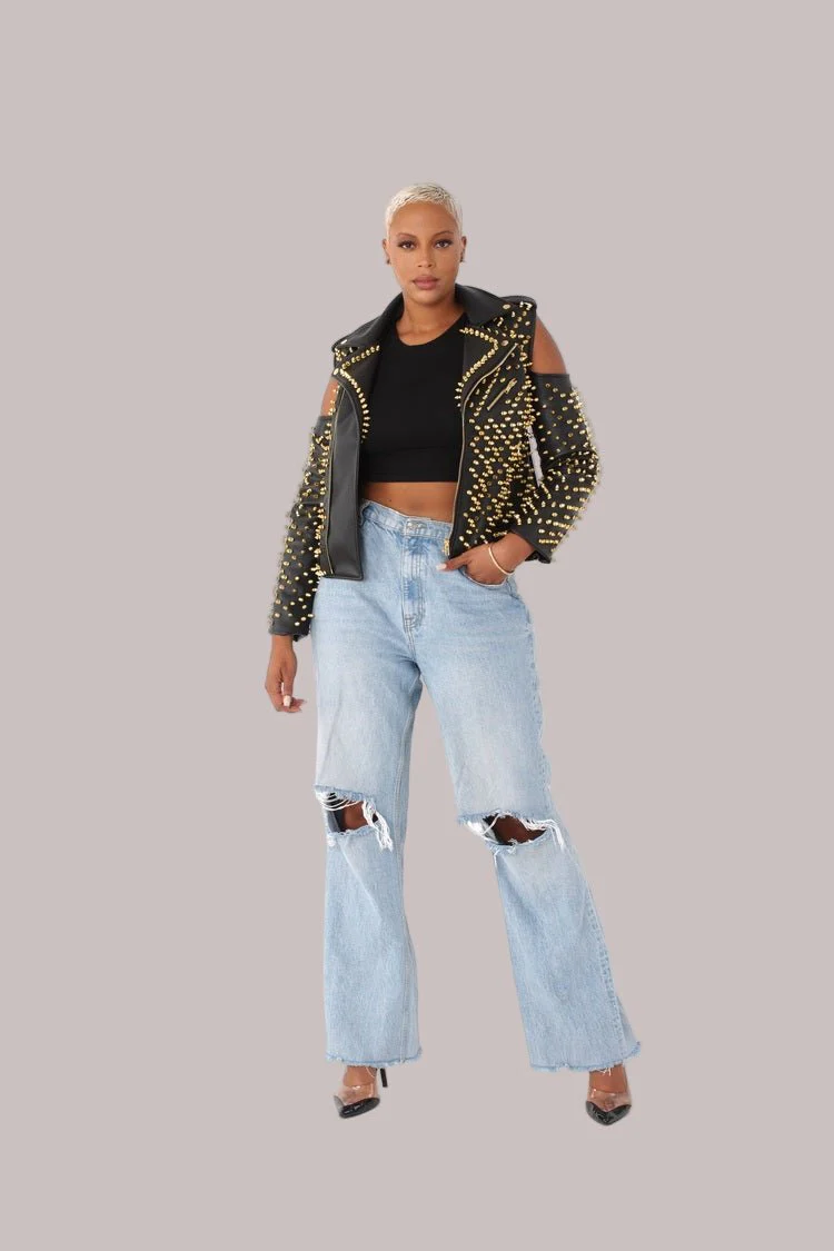 Studded Pleather Moto Jacket with Open Shoulders- 81936 - Image 5