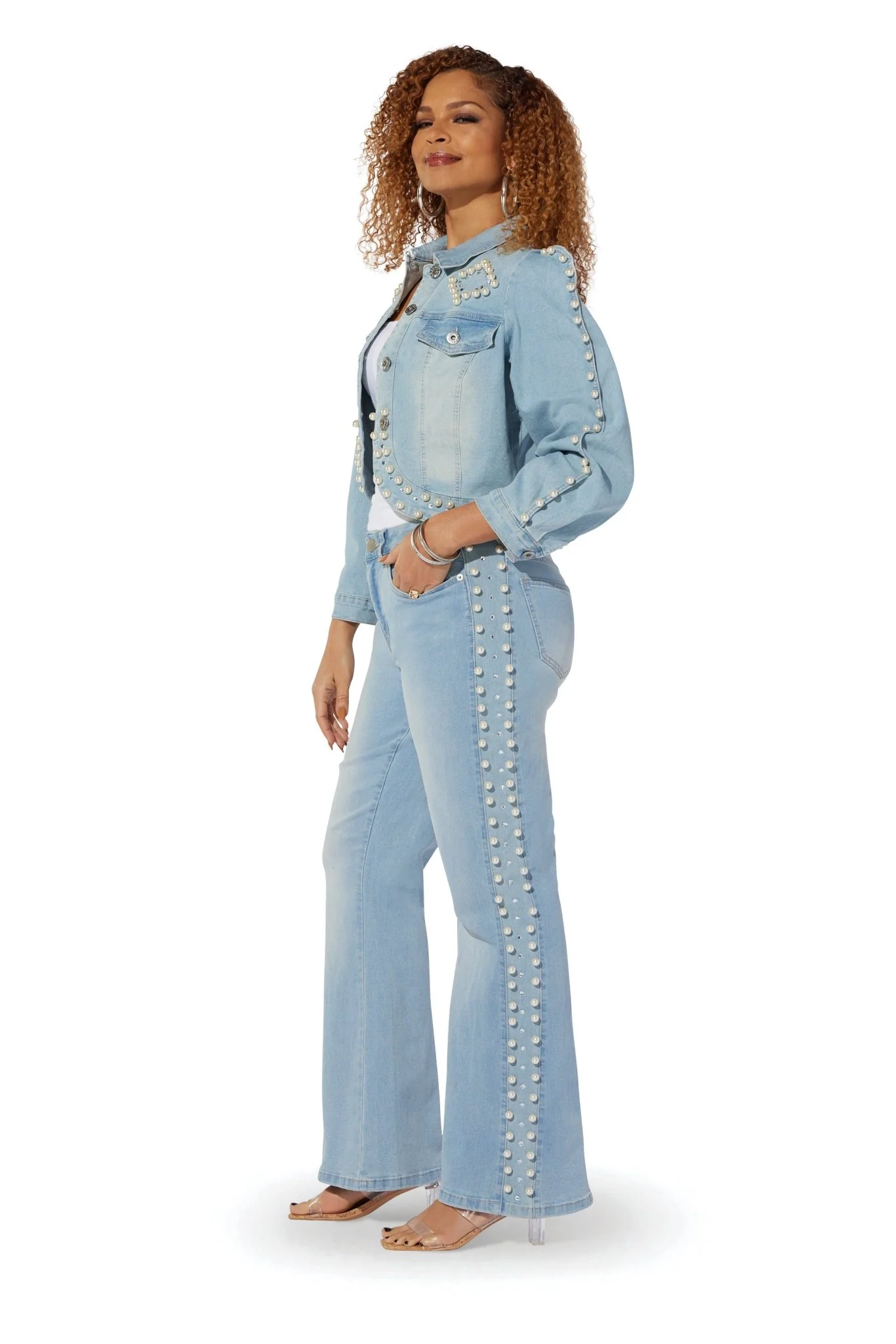 Pearl Detail Crop Denim Jacket by Studio EY - Image 3