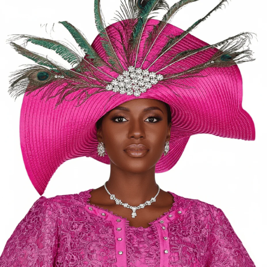 Stunning Wide Brim Church Hat with Elegant Peacock Feather & Rhinestone Embellishments