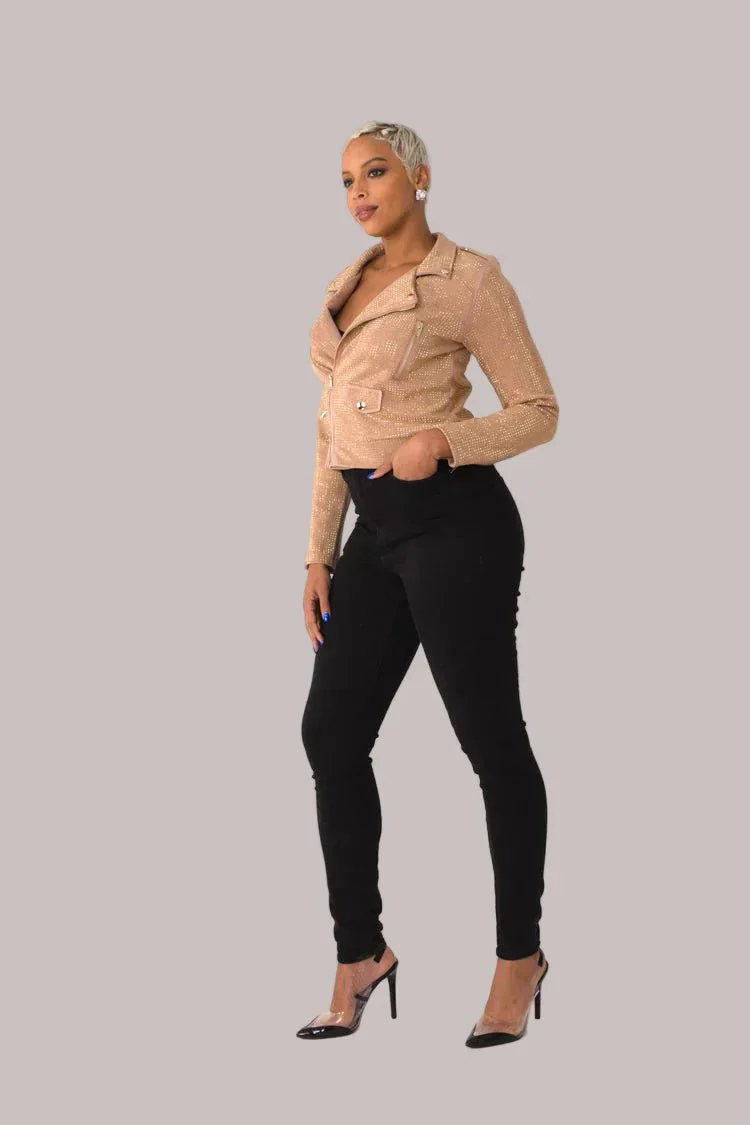 Suede Moto Jacket with Allover Diamonds - 82022 - Image 10