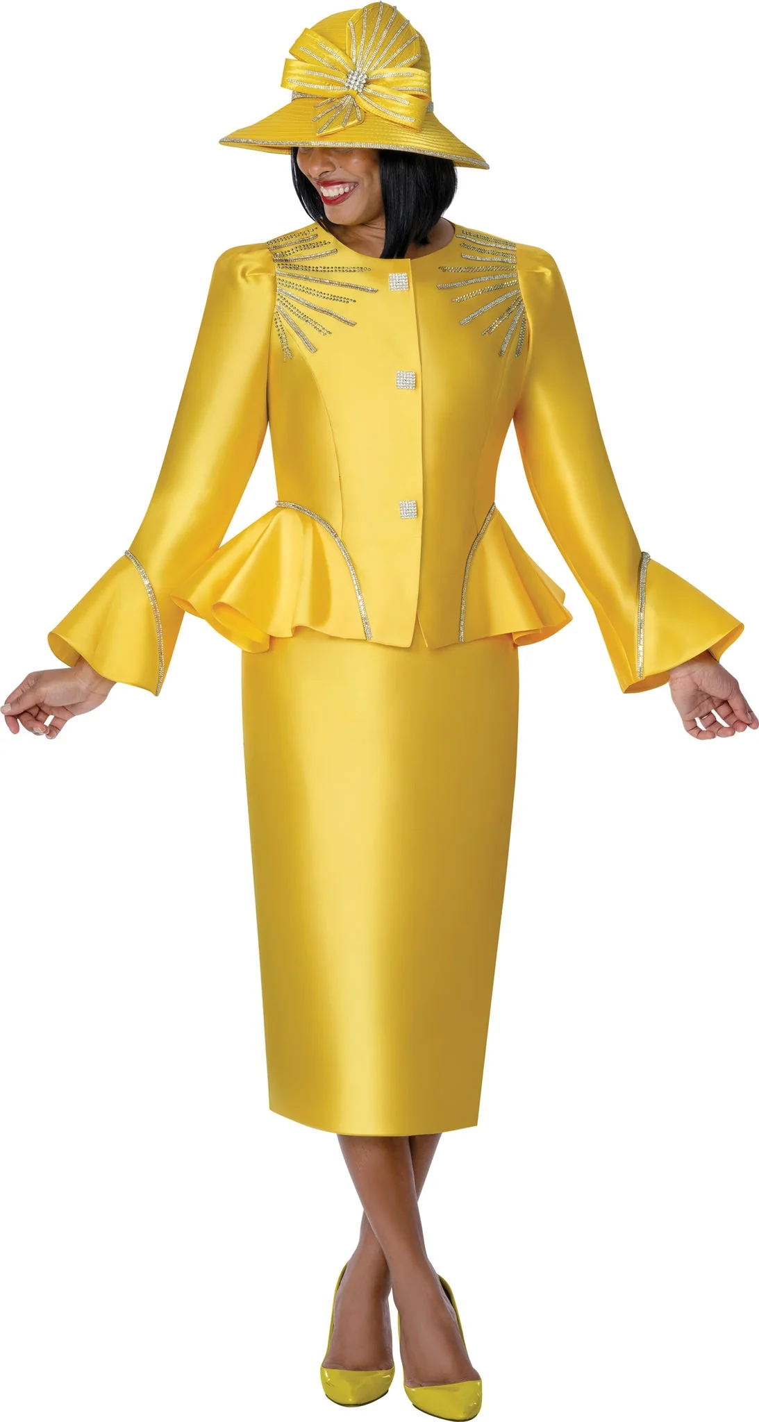 Sunburst Rhinestone Peplum Suit Set in Vibrant Yellow G401742