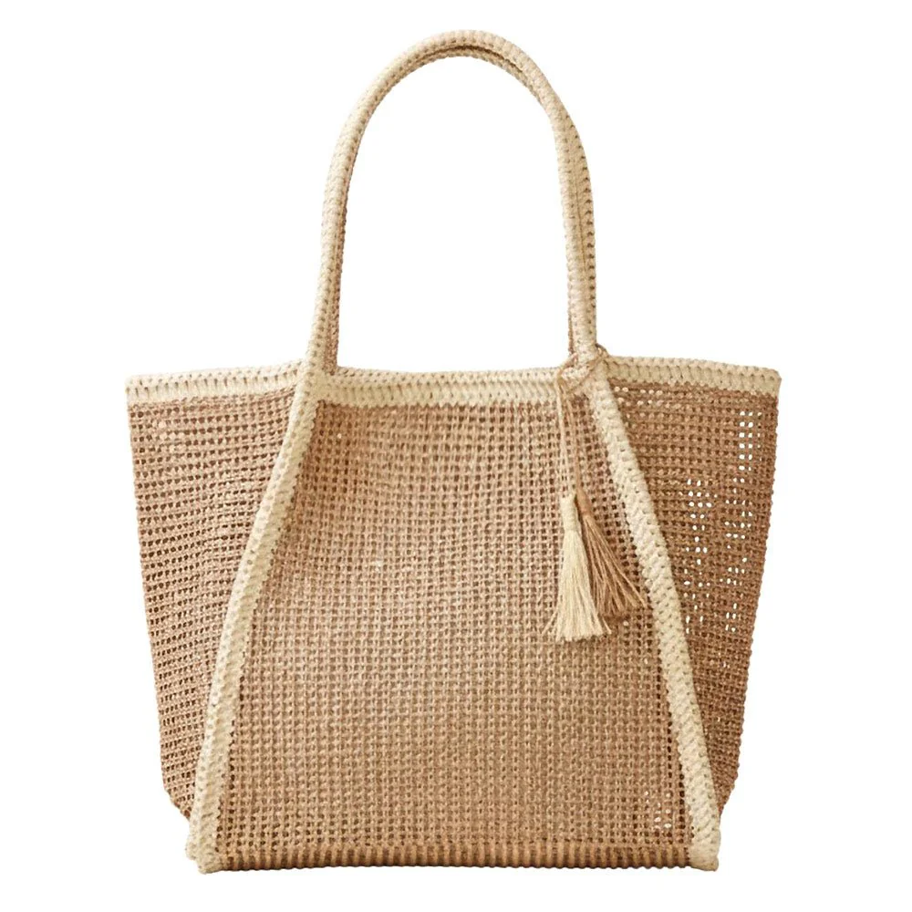 Tassel Accent Two Tone Woven Straw Tote Bag - Image 7