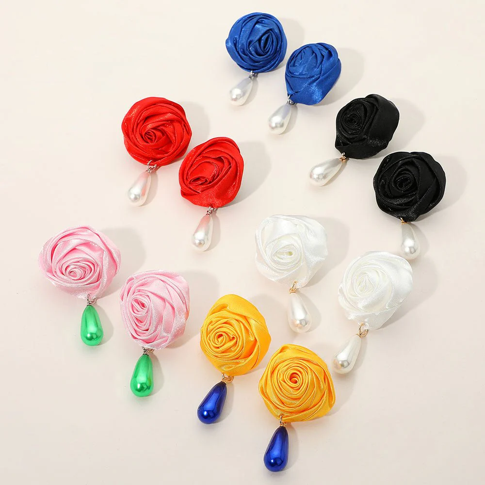 Teardrop Pearl Dangle Satin Rose Earrings - Image 2